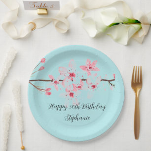 Prato De Papel Aniversário de Cherry Sakura Turquoise Rosa Pink