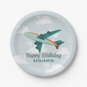 Prato De Papel Aniversário de criança de avião azul-Viagem