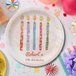 Prato De Papel aniversário de criança de cinco velas de aquarela