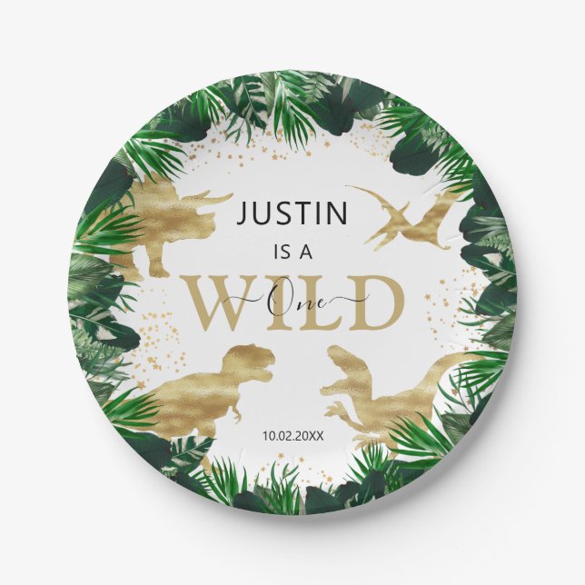 Prato De Papel Aniversário de criança de Dinossauro Dourado e bon (Frente)