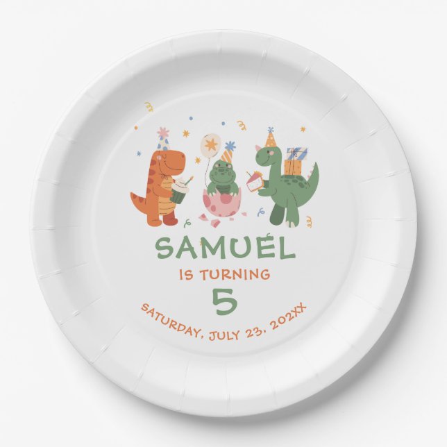 Prato De Papel Aniversário de criança de dinossauros infantis col (Frente)