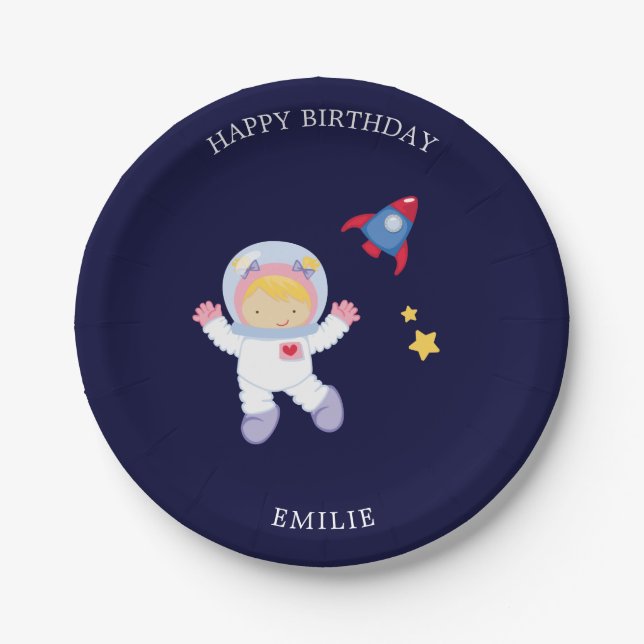 Prato De Papel Aniversário de criança de Rapariga Astronauta (Frente)