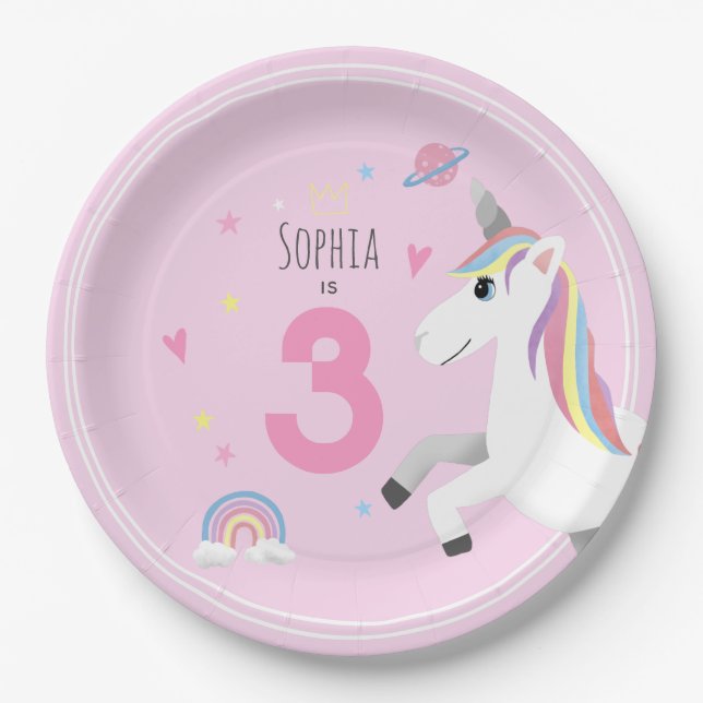 Prato De Papel Aniversário de criança de Unicórnio Girls, Bonito  (Frente)
