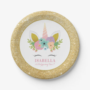 Prato De Papel Aniversário de criança Glitter Dourado e Unicórnio