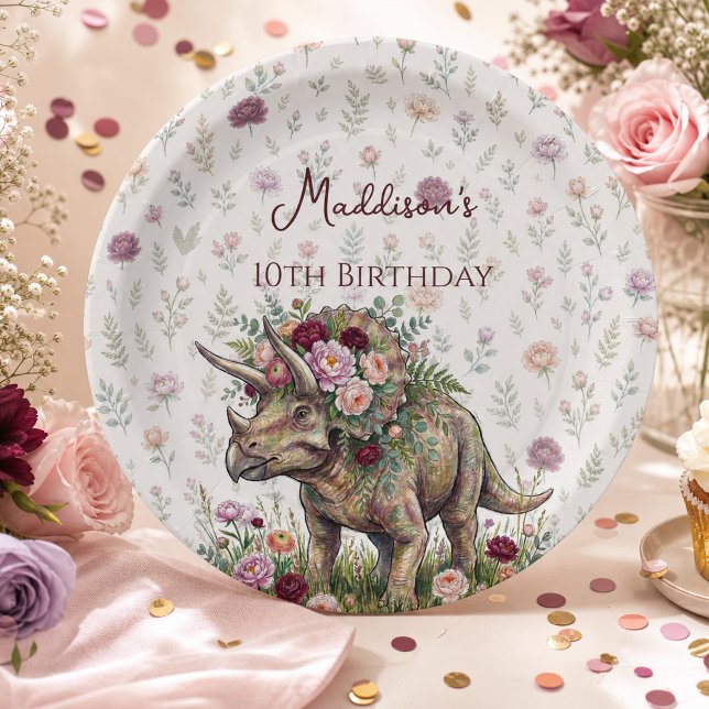 Prato De Papel Aniversário de Dinossauro Menina (Criador carregado)