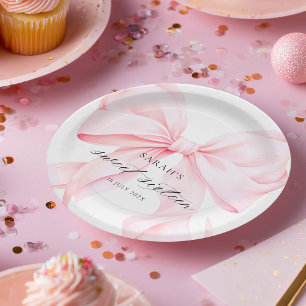 Prato De Papel Aniversário de Doze Anos com Laço Rosa