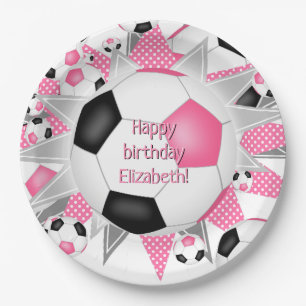 Prato De Papel aniversário de esportes de futebol preto rosa