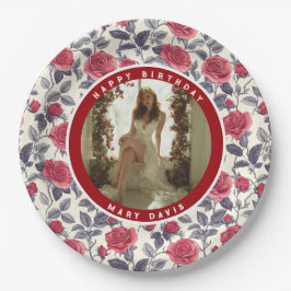 Prato De Papel Aniversário de Flor de Rosa Personalizada