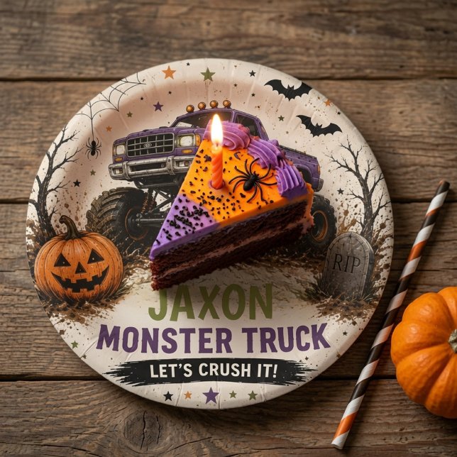 Prato De Papel Aniversário de Halloween com Caminhão Monstro Pers (Criador carregado)