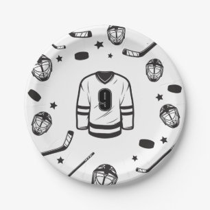 Prato De Papel Aniversário de Hockey Preto e Branco