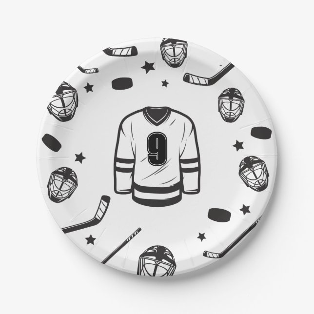 Prato De Papel Aniversário de Hockey Preto e Branco (Frente)