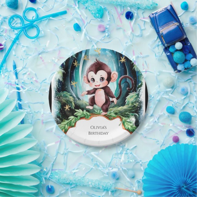 Prato De Papel Aniversário de Macaco Simples e Cortado (Festa)