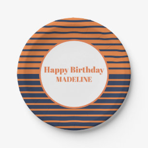 Prato De Papel Aniversário de Marinho Laranja Personalizado