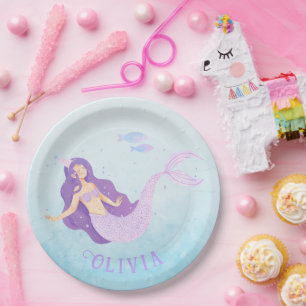 Prato De Papel Aniversário de Menina Fofa Sereia Aquarela Roxa