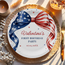 Prato De Papel Aniversário de Menina Vermelho Branco & Azul 4 de