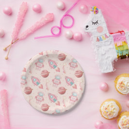 Prato De Papel Aniversário de Meninas Astronauta Rosa