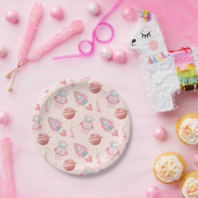 Prato De Papel Aniversário de Meninas Astronauta Rosa (Festa)