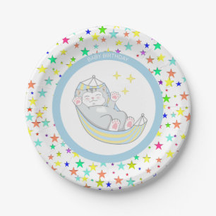 Prato De Papel Aniversário de Menino Gatinho e Estrelas Multicolo
