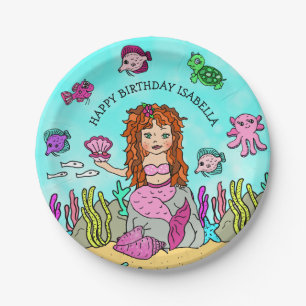 Prato De Papel Aniversário de Mermaid Desenhada à Mão Personaliza