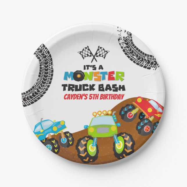 Prato De Papel Aniversário de Monster Trucks (Frente)