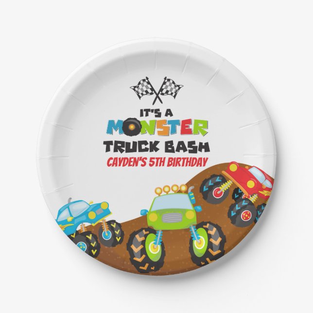 Prato De Papel Aniversário de Monster Trucks (Frente)