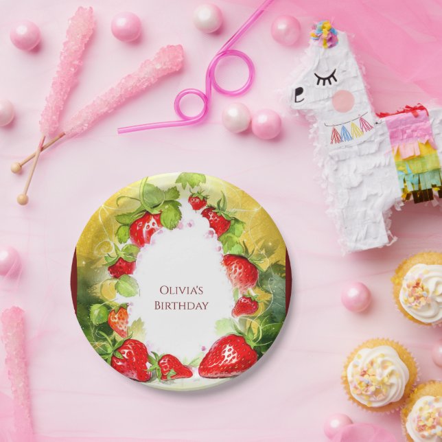 Prato De Papel Aniversário de Morango Colorido Encantado (Festa)