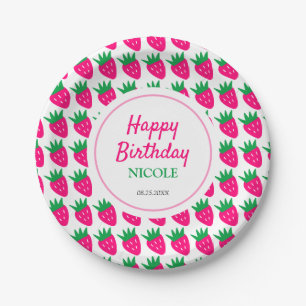 Prato De Papel Aniversário de Morango Rosa, Gelado, Doce