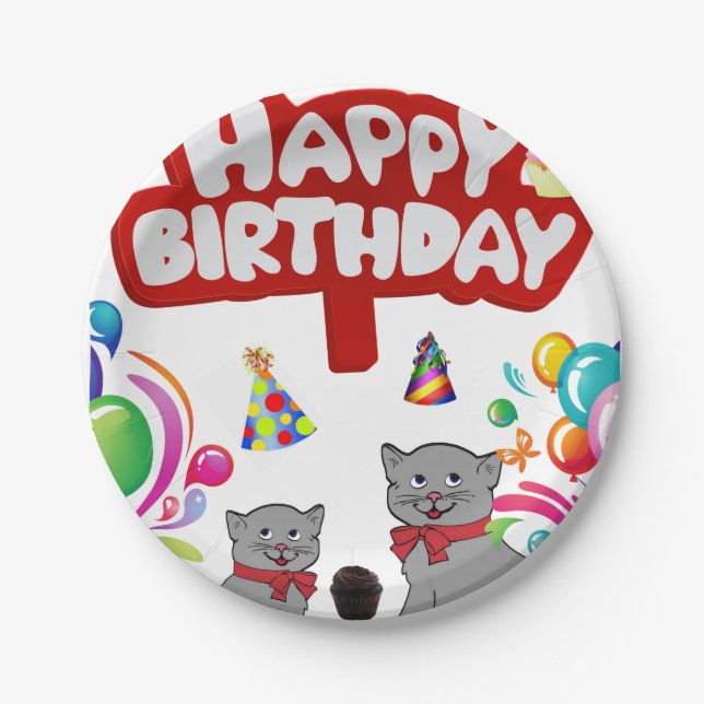 Prato De Papel Aniversário de Papéis, Gatos (Frente)