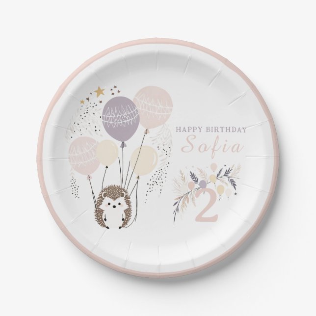 Prato De Papel Aniversário de Pastel Boho Hedgehog e Balões (Frente)