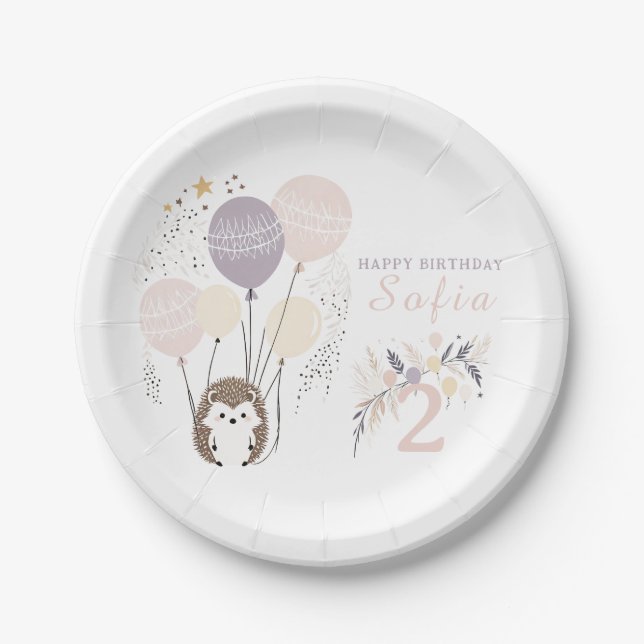 Prato De Papel Aniversário de Pastel Boho Hedgehog e Balões (Frente)