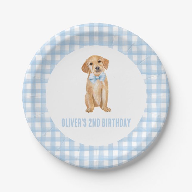 Prato De Papel Aniversário de plaid preppy de cachorrinho (Frente)