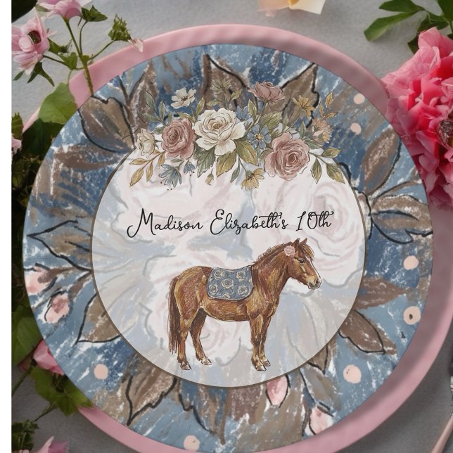 Prato De Papel Aniversário de Pônei  ( This charming theme combines the elegance of French country décor with whimsical pony illustrations)