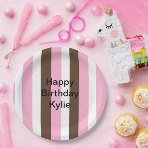 Prato De Papel Aniversário de Rosa, Chocolate e Stripes Brancas