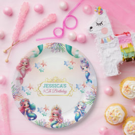 Prato De Papel Aniversário De Sereia Mágica Sob A Foto Do Mar