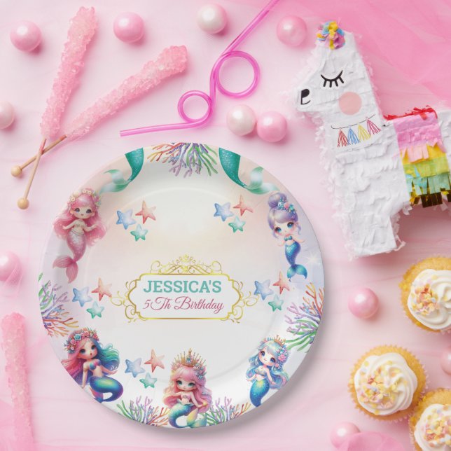 Prato De Papel Aniversário De Sereia Mágica Sob A Foto Do Mar (Festa)
