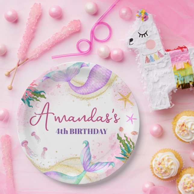 Prato De Papel Aniversário de Sereia Mágica sob o Mar (Festa)