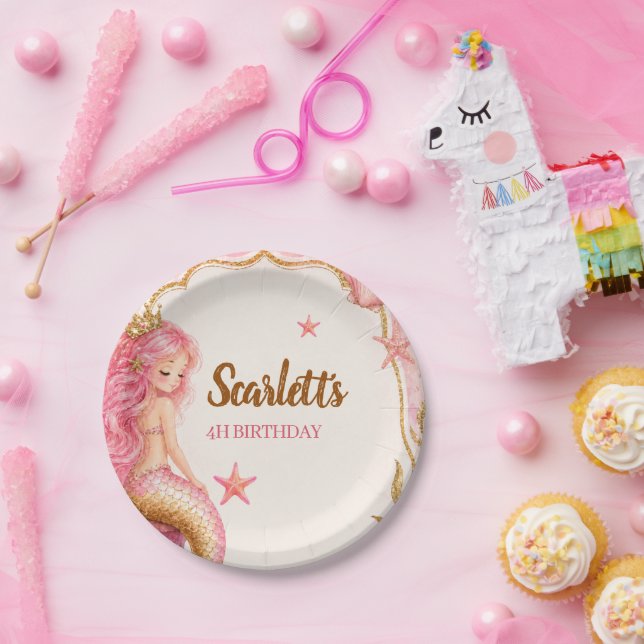 Prato De Papel Aniversário de Sereia Rosa e Dourado (Festa)