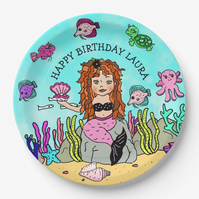 Prato De Papel Aniversário de Sereia Rosa e Preto Bem Personaliza (Frente)
