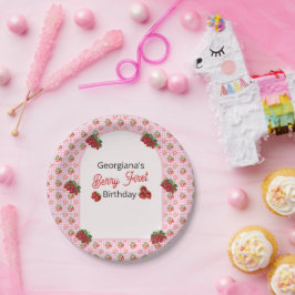 Prato De Papel Aniversário de um ano da Berry Rosa Xadrez Morango