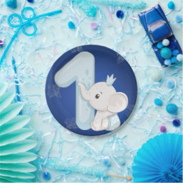 Prato De Papel Aniversário de Um Ano de Elefante Bebê Fofo