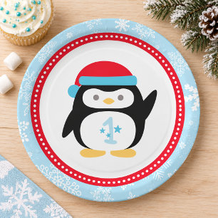 Prato De Papel Aniversário de Um Ano do Pinguim do Inverno MÁGico