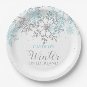 Prato De Papel Aniversário de um ano Winter Onederland azul e pra
