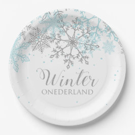 Prato De Papel Aniversário de um ano Winter Onederland azul e pra