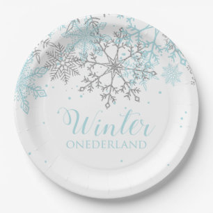 Prato De Papel Aniversário de um ano Winter Onederland azul e pra
