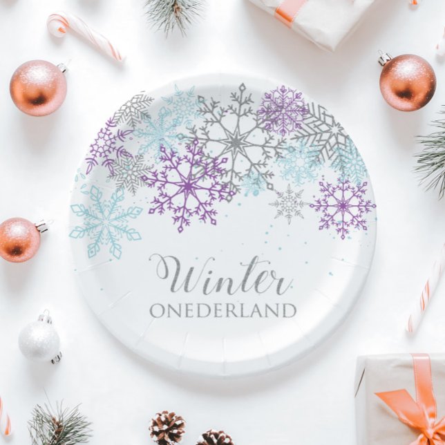 Prato De Papel Aniversário de Um Ano Winter Onederland Roxo Azul (Criador carregado)