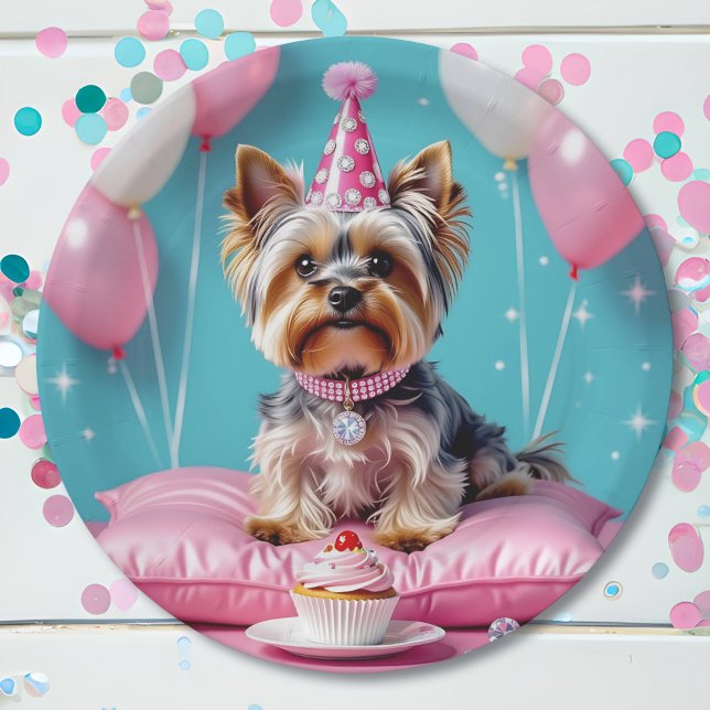 Prato De Papel Aniversário de Yorkie Rosa Fofa (Criador carregado)