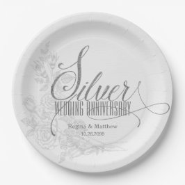 Prato De Papel Aniversário do 25 Silver com Data e Nome