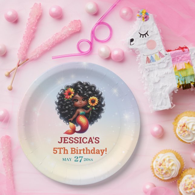 Prato De Papel Aniversário do 5 de Sereia Afro-Americano (Festa)
