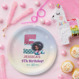 Prato De Papel Aniversário do 5 de Sereia Afro-Americano