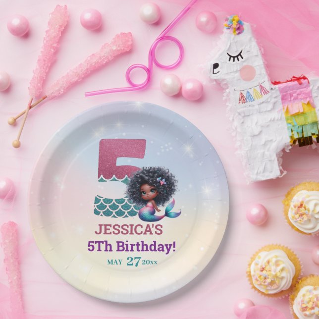 Prato De Papel Aniversário do 5 de Sereia Afro-Americano (Festa)